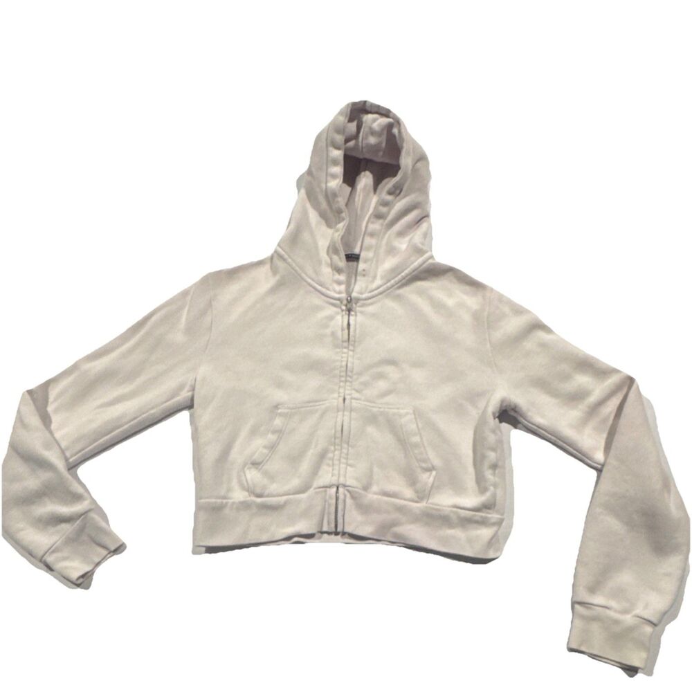 Brandy Melville White Cotton Blend Full Zip Hoodie Sweatshirt One Size Women